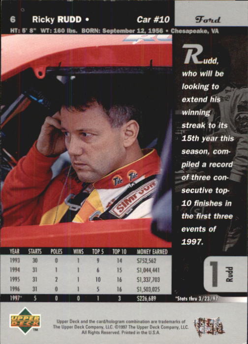 1997 Upper Deck Road To The Cup #6 Ricky Rudd back image