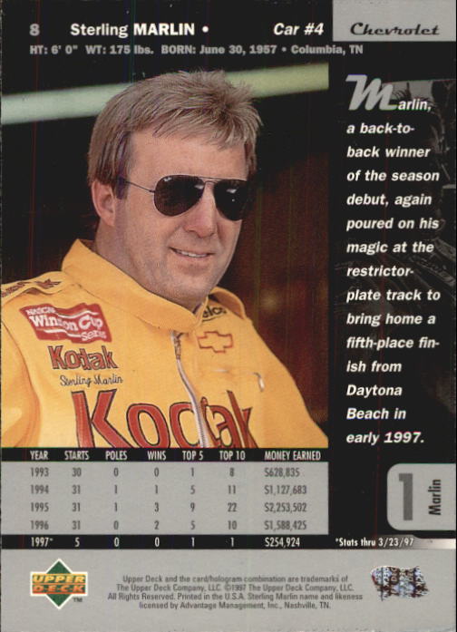 1997 Upper Deck Road To The Cup #8 Sterling Marlin back image