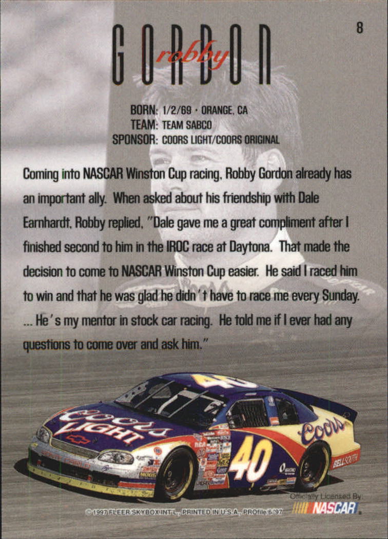 1997 SkyBox Profile #8 Robby Gordon RC back image
