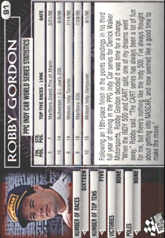 1997 Press Pass #91 Robby Gordon RC back image