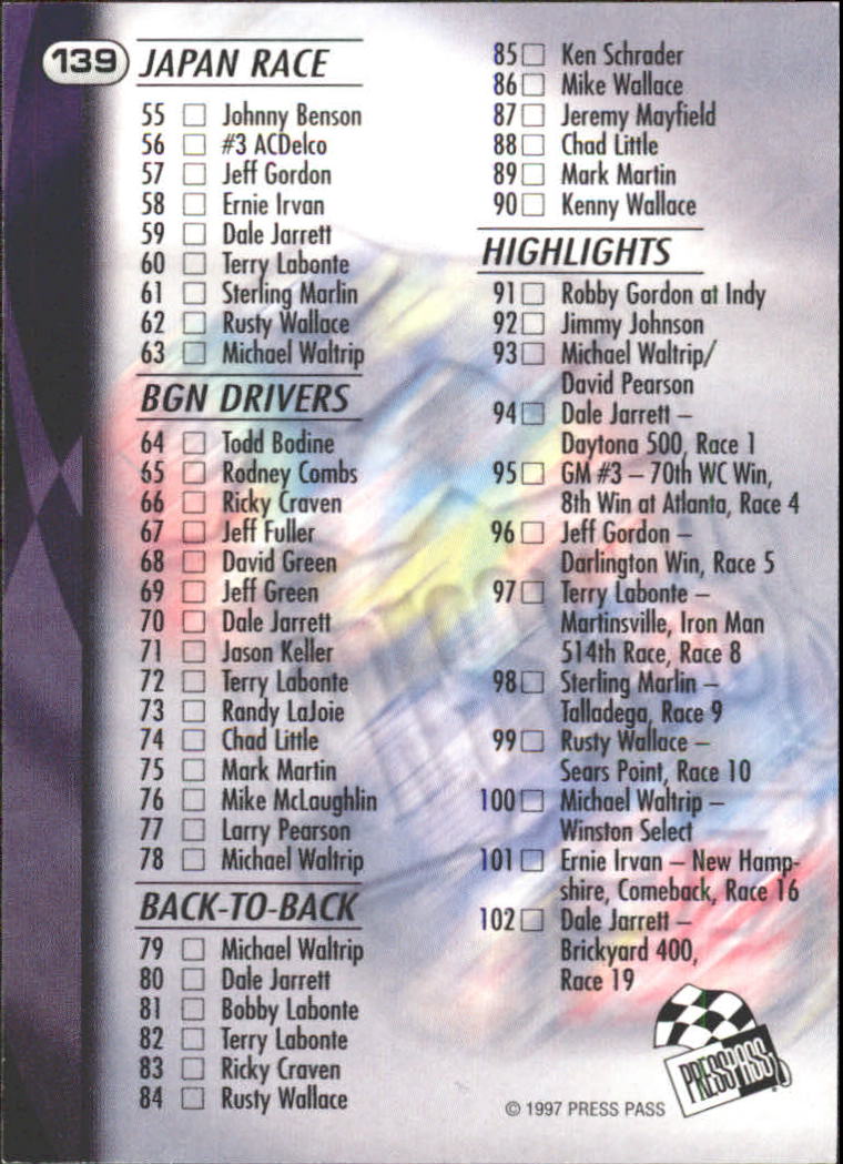 1997 Press Pass #139 Checklist back image