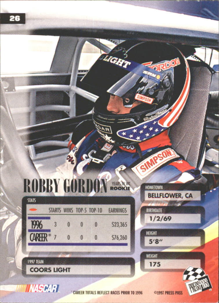 1997 Press Pass Premium #26 Robby Gordon RC back image