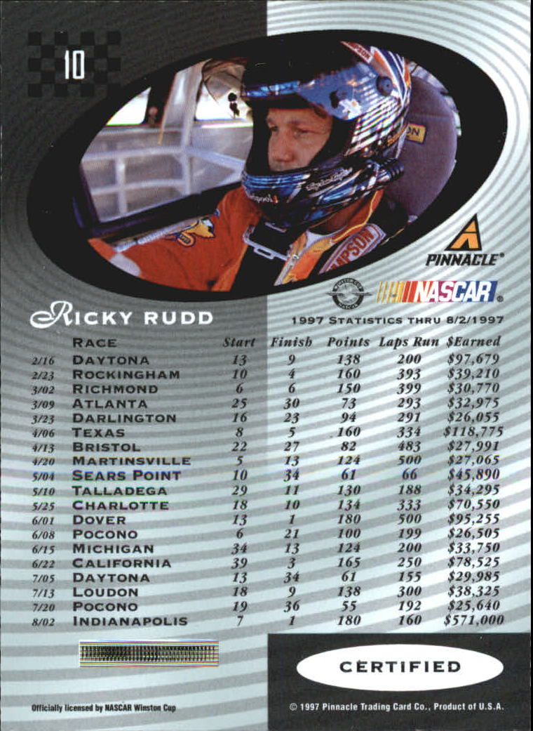 1997 Pinnacle Certified #10 Ricky Rudd back image