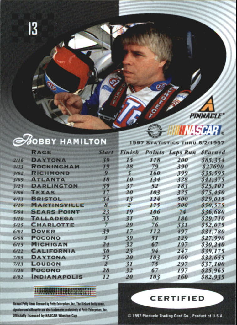 1997 Pinnacle Certified #13 Bobby Hamilton back image