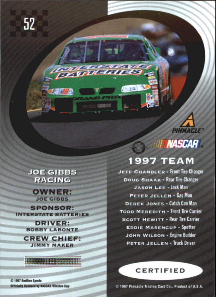 1997 Pinnacle Certified #52 Bobby Labonte's Car back image