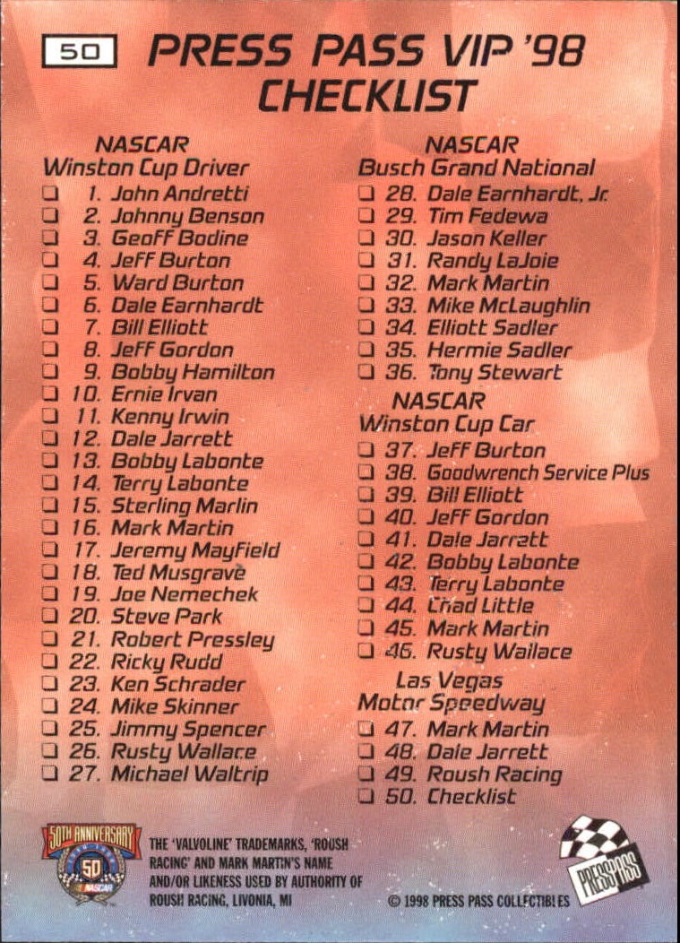 A3041- 1998 VIP Auto Racing Card #s 1-50 +Rookies -You Pick- 15+ FREE US SHIP - Picture 99 of 99