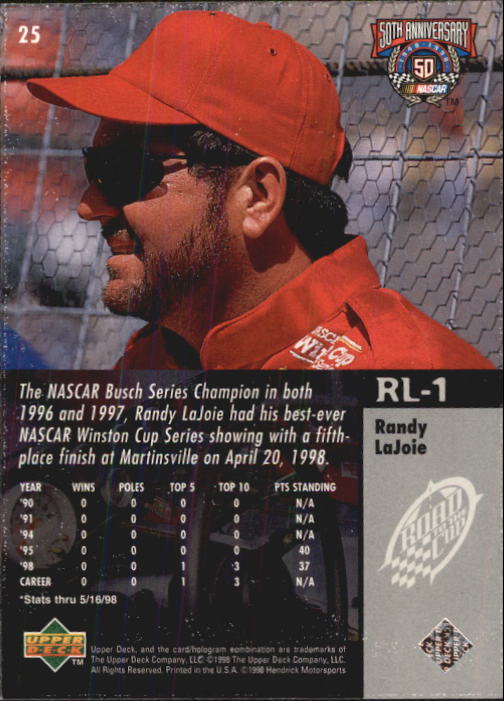 1998 Upper Deck Road To The Cup #25 Randy LaJoie's Car back image