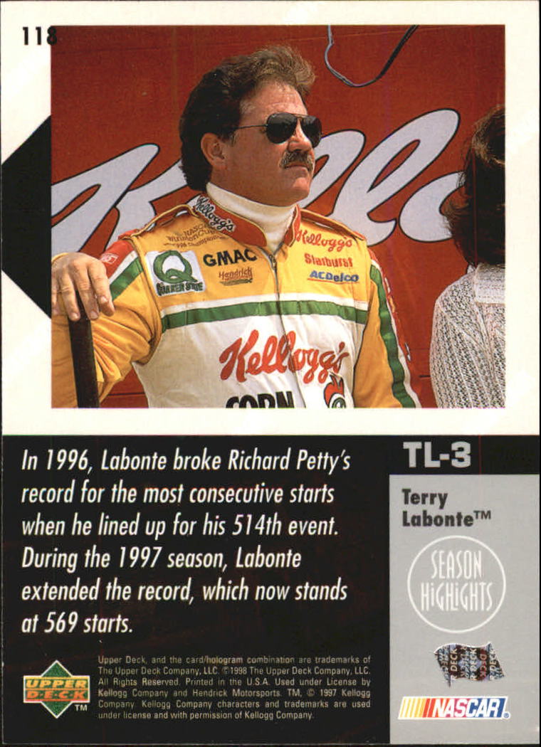 1998 Upper Deck Victory Circle #118 Terry Labonte back image