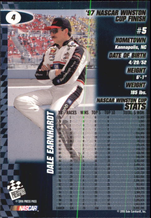 1998 Press Pass #4 Dale Earnhardt back image