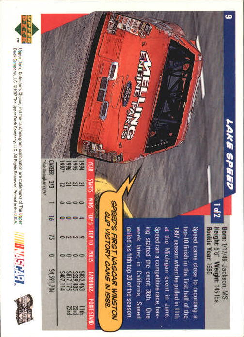 1998 Collector's Choice #9 Lake Speed back image