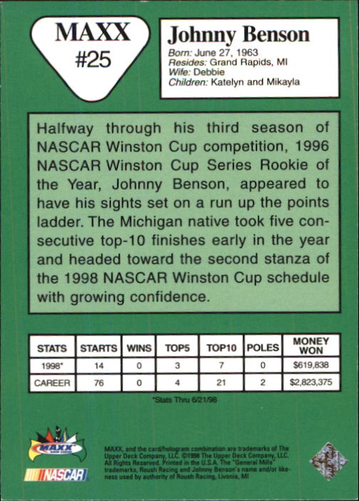 1998 Maxx 10th Anniversary #25 Johnny Benson back image