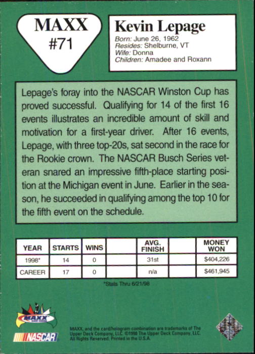 1998 Maxx 10th Anniversary #71 Kevin Lepage's Car back image
