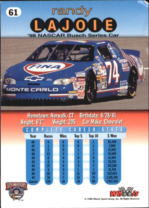 1998 Wheels #61 Randy LaJoie's Car back image