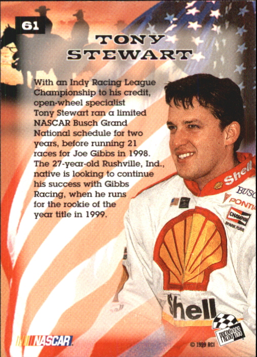 1999 Press Pass #61 Tony Stewart YG back image