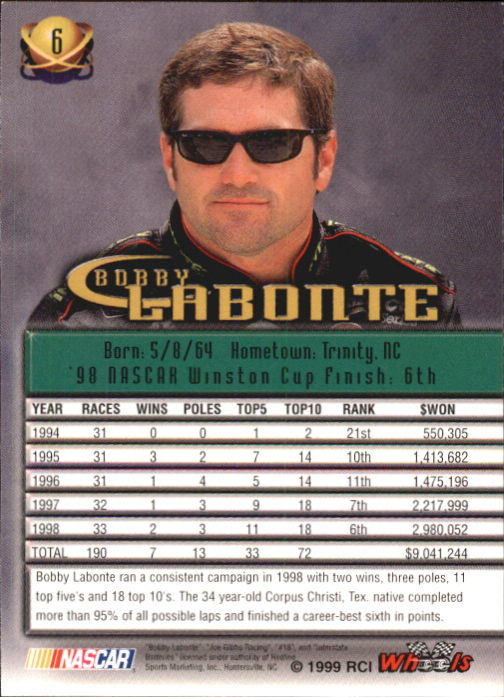 1999 Wheels High Gear #6 Bobby Labonte back image