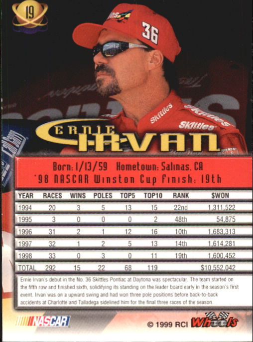 1999 Wheels High Gear #19 Ernie Irvan back image