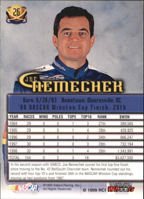 1999 Wheels High Gear #26 Joe Nemechek back image