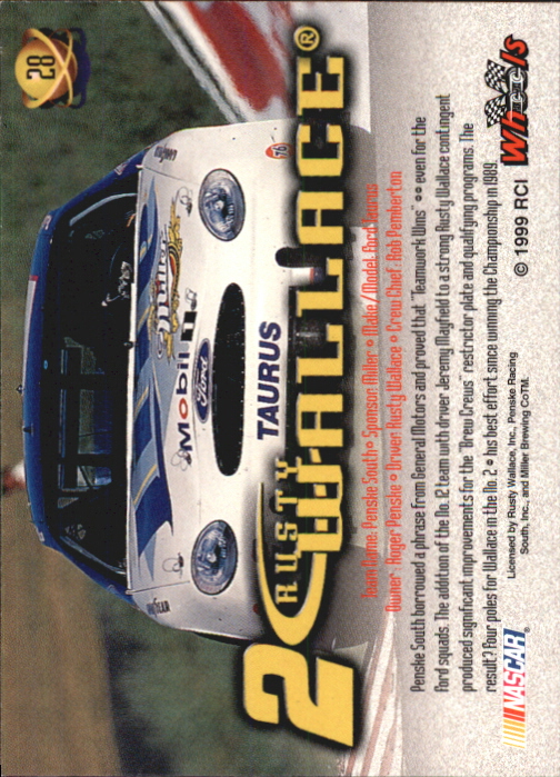 1999 Wheels High Gear #28 Rusty Wallace's Car back image