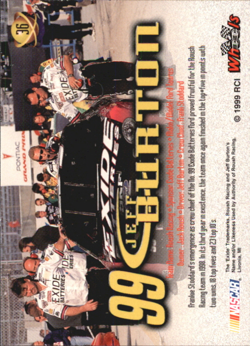1999 Wheels High Gear #36 Jeff Burton's Car back image