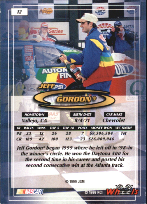 1999 Wheels #12 Jeff Gordon back image