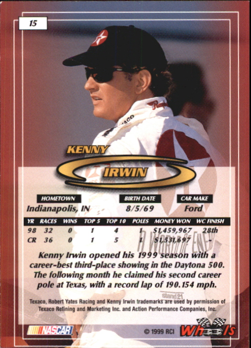 1999 Wheels #15 Kenny Irwin back image