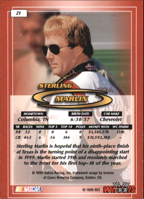 1999 Wheels #21 Sterling Marlin back image