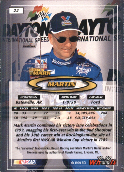 1999 Wheels #22 Mark Martin back image