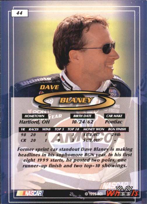 1999 Wheels #44 Dave Blaney BGN RC back image
