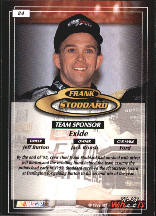 1999 Wheels #84 Frank Stoddard TC back image