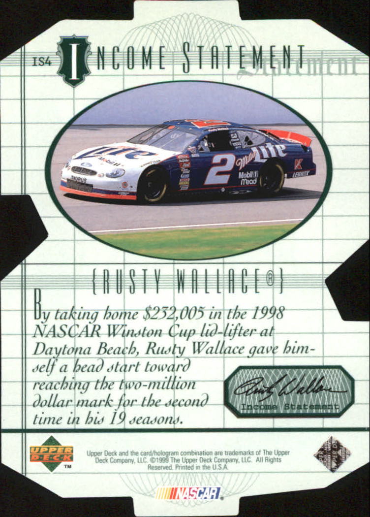 1999 Upper Deck Victory Circle Income Statement #IS4 Rusty Wallace back image