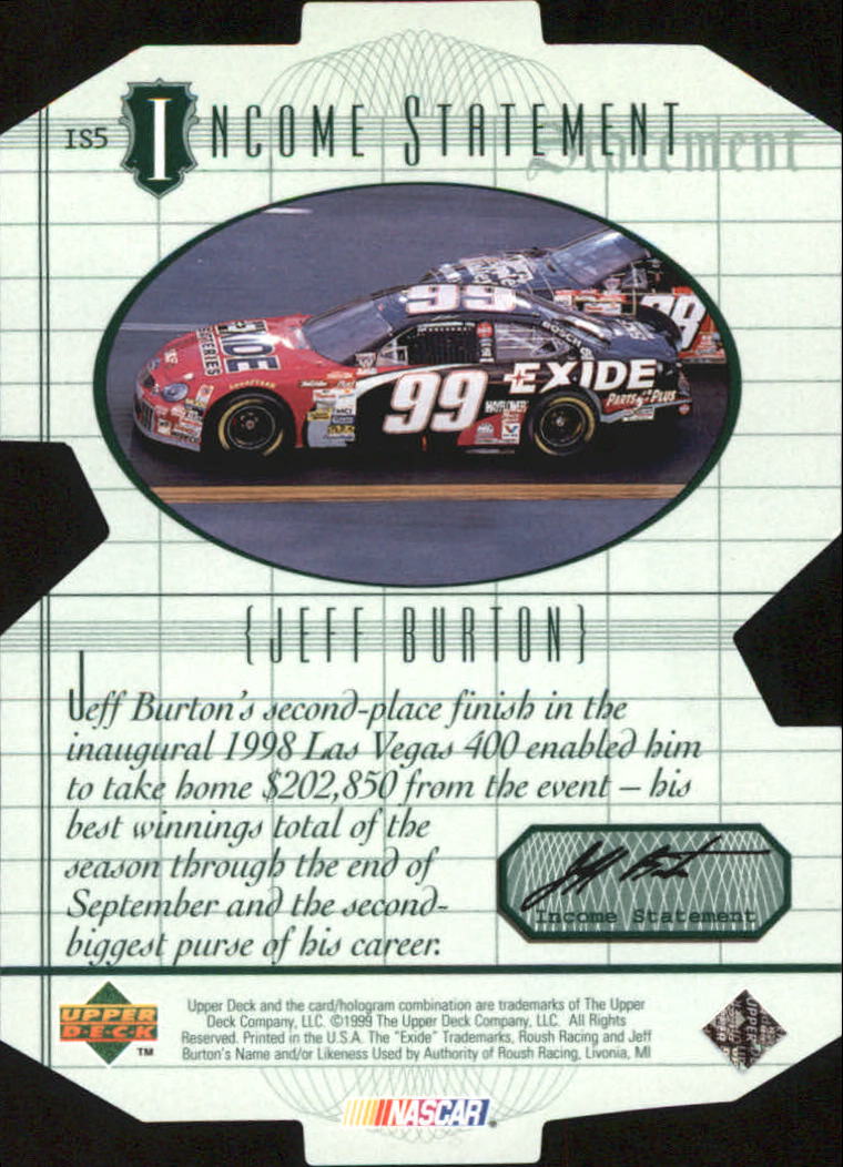 1999 Upper Deck Victory Circle Income Statement #IS5 Jeff Burton back image