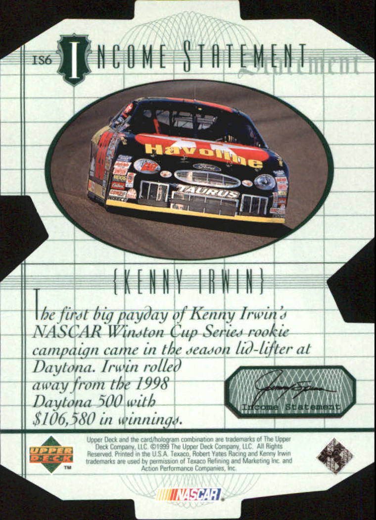 1999 Upper Deck Victory Circle Income Statement #IS6 Kenny Irwin back image