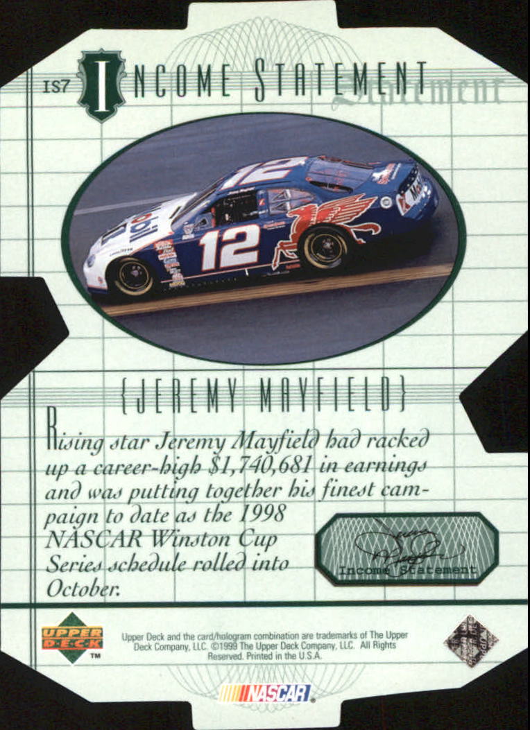 1999 Upper Deck Victory Circle Income Statement #IS7 Jeremy Mayfield back image