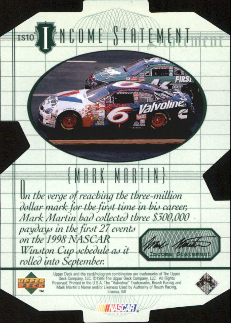 1999 Upper Deck Victory Circle Income Statement #IS10 Mark Martin back image