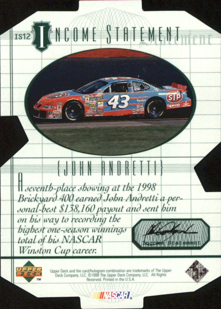 1999 Upper Deck Victory Circle Income Statement #IS12 John Andretti back image