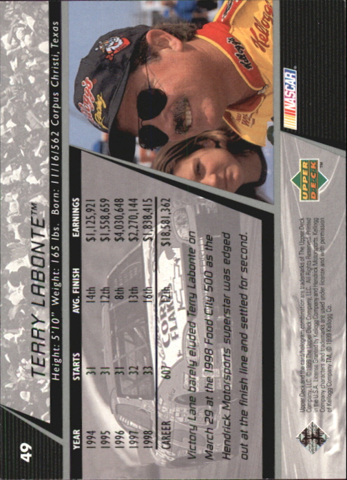 1999 Upper Deck Victory Circle #49 Terry Labonte's Car back image