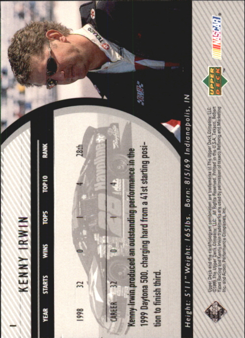 1999 Upper Deck Road to the Cup #1 Kenny Irwin back image