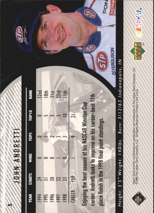1999 Upper Deck Road to the Cup #5 John Andretti back image