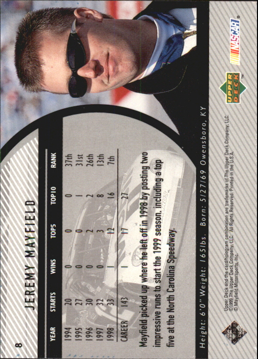 1999 Upper Deck Road to the Cup #8 Jeremy Mayfield back image