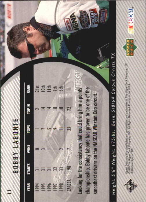 1999 Upper Deck Road to the Cup #11 Bobby Labonte back image