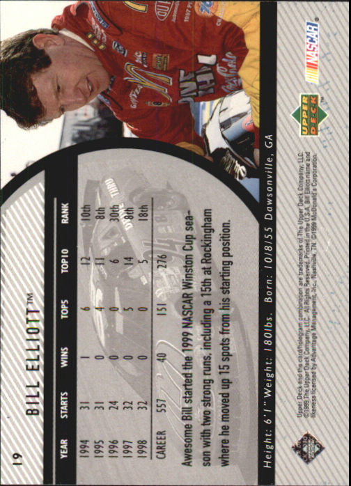 1999 Upper Deck Road to the Cup #19 Bill Elliott back image