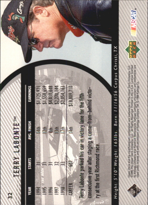 1999 Upper Deck Road to the Cup #32 Terry Labonte's Car back image