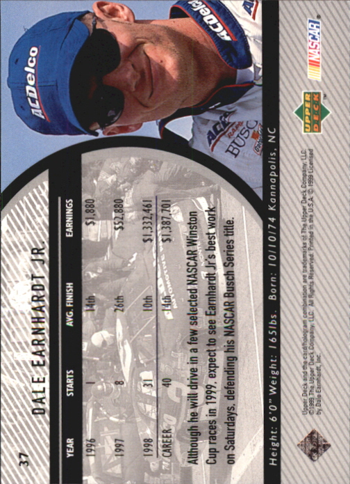 1999 Upper Deck Road to the Cup #37 Dale Earnhardt Jr.'s Car back image