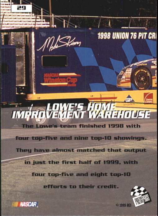 1999 Press Pass Stealth #29 Mike Skinner's Car back image