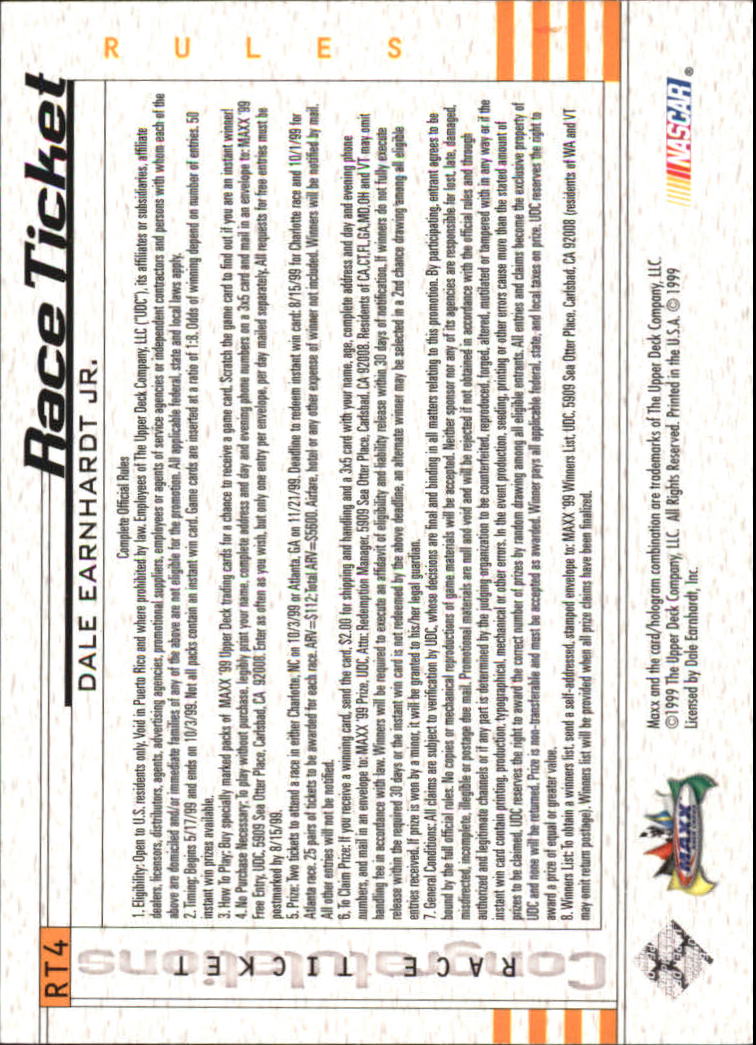 1999 Maxx Race Ticket #RT4 Dale Earnhardt Jr.'s Car back image