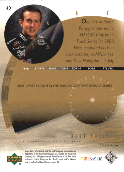 2000 SP Authentic #40 Kurt Busch RC back image