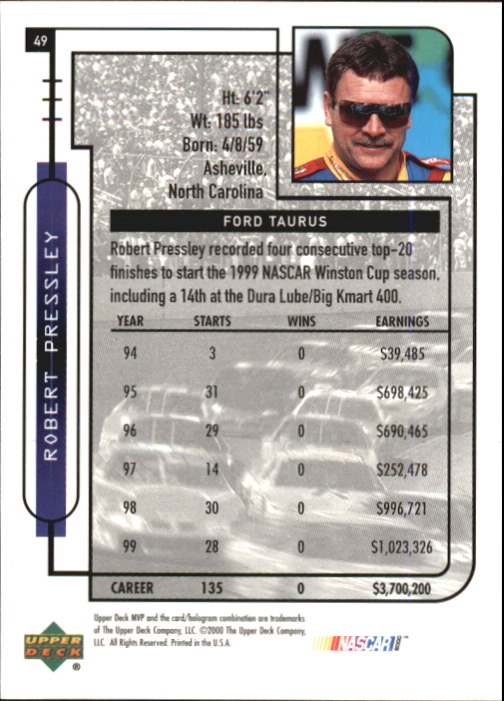 2000 Upper Deck MVP #49 Robert Pressley's Car back image
