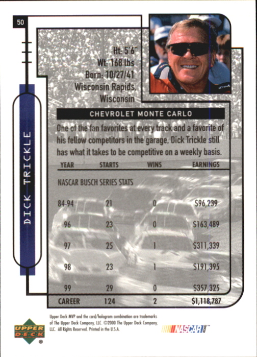 2000 Upper Deck MVP #50 Dick Trickle's Car back image