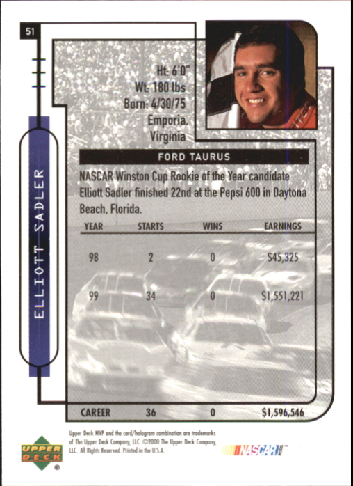 2000 Upper Deck MVP #51 Elliott Sadler's Car back image