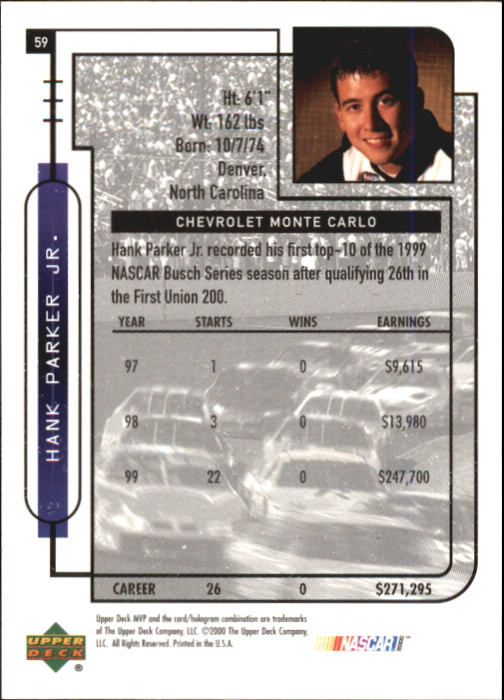2000 Upper Deck MVP #59 Hank Parker Jr.'s Car back image